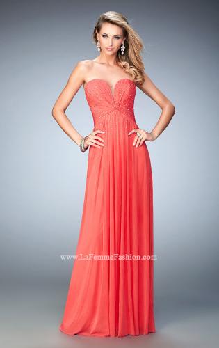 Picture of: Sweetheart Neck Net Gown with Cascading Rhinestones in Orange, Style: 21836, Detail Picture 1