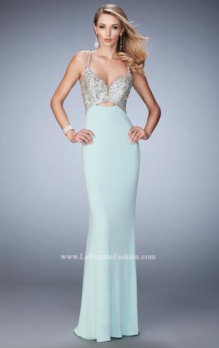 Picture of: Crystal Gem Encrusted Long Jersey Prom Gown in Blue, Style: 21968, Detail Picture 3