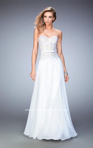 Picture of: Long Chiffon Gown with Rhinestone Lace and a Bow in White, Style: 22133, Main Picture