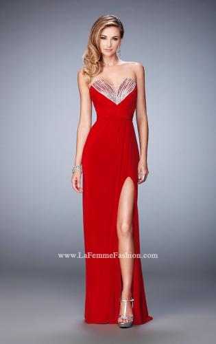 Picture of: Net Prom Gown with Embellishments and Side Leg Slit in Red, Style: 22136, Detail Picture 1