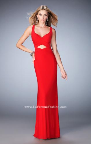 Picture of: Net Prom Gown with Cut Outs, Gathering, and a Train in Red, Style: 22200, Main Picture