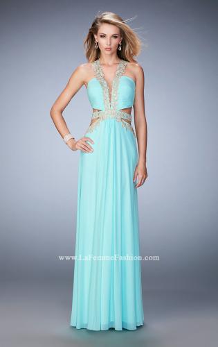 Picture of: Racer Back Long Prom Dress with Gold Embroidery in Blue, Style: 22252, Detail Picture 1