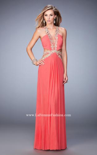Picture of: Racer Back Long Prom Dress with Gold Embroidery in Orange, Style: 22252, Detail Picture 3