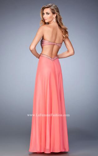 Picture of: Chiffon Prom Dress with Cut Outs and Gold Stud Detail in Orange, Style: 22285, Back Picture