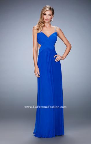 Picture of: Rhinestone Embellished Net Gown with Cut Outs in Blue, Style: 22304, Detail Picture 2