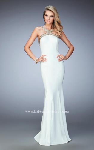 Picture of: Long Open Back Jersey Prom Dress with Gold Stud Detail in White, Style: 22307, Main Picture