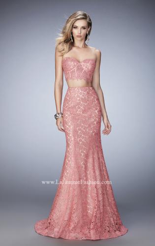 Picture of: Two Piece Lace Gown with Mermaid Skirt and Corset Top in Orange, Style: 22311, Detail Picture 1