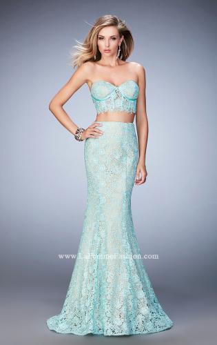 Picture of: Two Piece Lace Gown with Mermaid Skirt and Corset Top in Blue, Style: 22311, Detail Picture 2