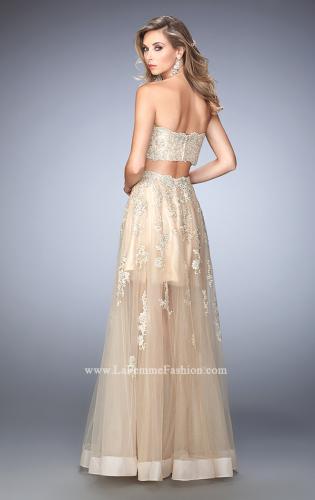 Picture of: Tulle Prom Gown with Gold Beaded and Lace Applique in Nude, Style: 22602, Back Picture