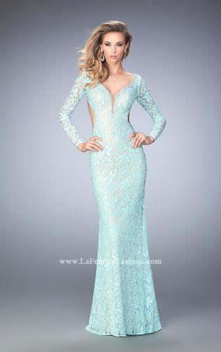 Picture of: Long Sleeve Lace Prom Gown with Plunging Neckline in Blue, Style: 22607, Main Picture
