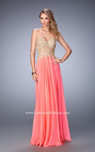 Picture of: Long Chiffon Prom Dress with Gold Lace Applique in Orange, Style: 22707, Detail Picture 1