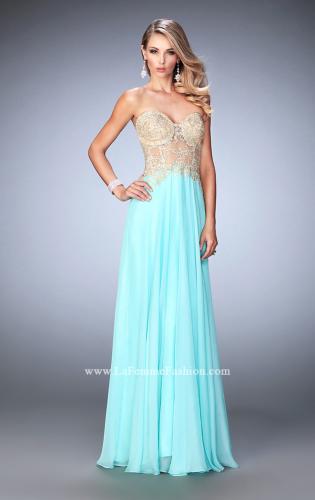 Picture of: Long Chiffon Prom Dress with Gold Lace Applique in Blue, Style: 22707, Detail Picture 3
