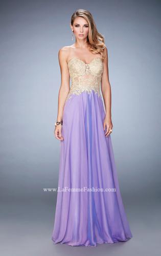 Picture of: Long Chiffon Prom Dress with Gold Lace Applique in Purple, Style: 22707, Detail Picture 4