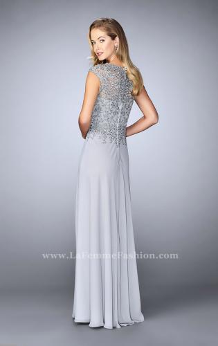 Picture of: Cap Sleeve Beaded Lace Evening Gown in Silver, Style: 23286, Back Picture