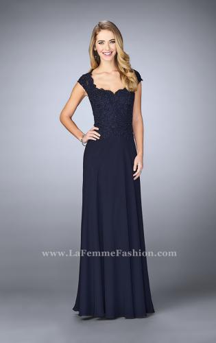 Picture of: Cap Sleeve Beaded Lace Evening Gown in Blue, Style: 23286, Detail Picture 1