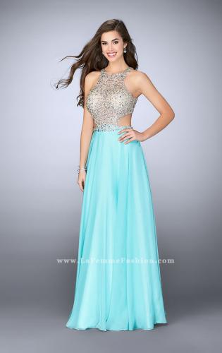 Picture of: High Neck A-line Dress with Sheer Beaded Top in Blue, Style: 23760, Main Picture