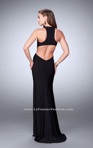 Picture of: Jersey Prom Dress with Gold Beading and Racer Back in Black, Style: 23791, Back Picture