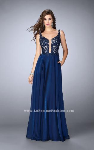 Picture of: A-line Chiffon Dress with Lace Top and Pockets in Blue, Style: 23802, Main Picture