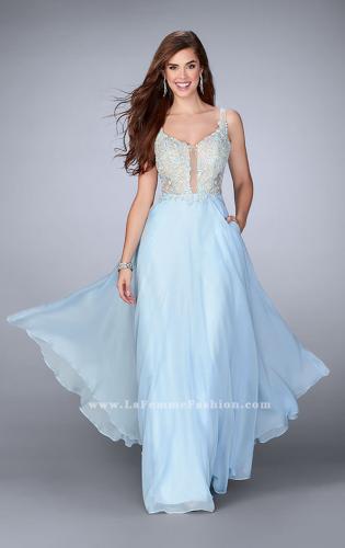 Picture of: A-line Chiffon Dress with Lace Top and Pockets in Blue, Style: 23802, Detail Picture 1