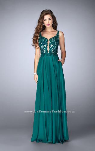 Picture of: A-line Chiffon Dress with Lace Top and Pockets in Green, Style: 23802, Detail Picture 2
