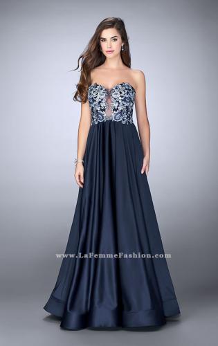Picture of: Satin A-line Dress with Beaded Lace Top and Open Back in Blue, Style: 23881, Detail Picture 1