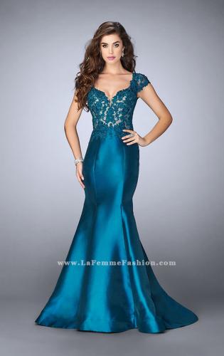 Picture of: Mikado Mermaid Dress with Lace Top and Cap Sleeves in Blue, Style: 23960, Main Picture