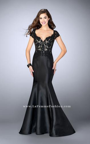 Picture of: Mikado Mermaid Dress with Lace Top and Cap Sleeves in Black, Style: 23960, Detail Picture 1