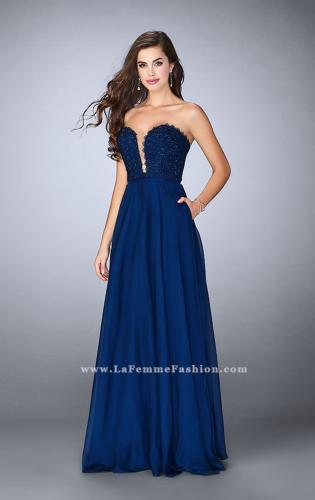 Picture of: Lace Scalloped Long Prom Dress with Pockets in Blue, Style: 23970, Detail Picture 1