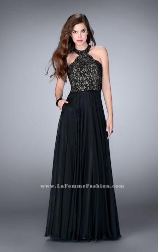 Picture of: Long High Collar A-line Prom Dress with Pockets in Black, Style: 23975, Detail Picture 1
