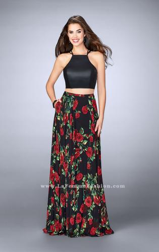 Picture of: Two Piece Floral A-line Dress with Vegan Leather Top in Print, Style: 24014, Detail Picture 1