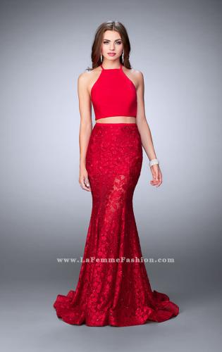 Picture of: High Neck Two Piece Romper Dress with Sheer Lace Skirt in Red, Style: 24029, Detail Picture 1