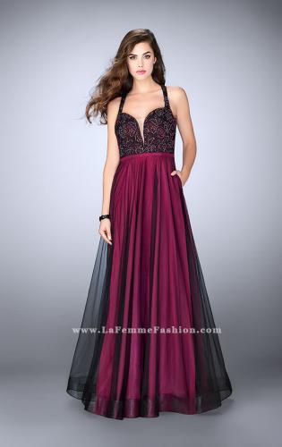Picture of: A-line Tulle Dress with Lace Top and Deep V Neckline in Pink, Style: 24034, Detail Picture 1