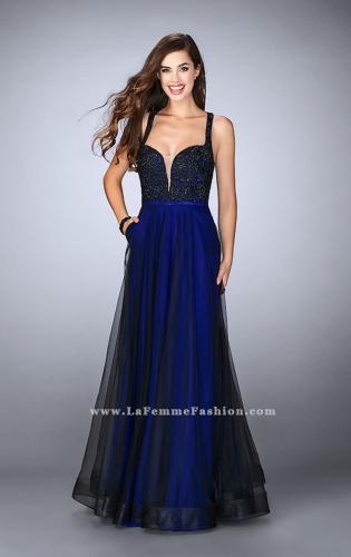Picture of: A-line Tulle Dress with Lace Top and Deep V Neckline in Blue, Style: 24034, Detail Picture 2