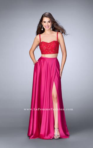 Picture of: Two Piece Satin A-line Dress with Slit and Lace Top in Pink, Style: 24159, Main Picture