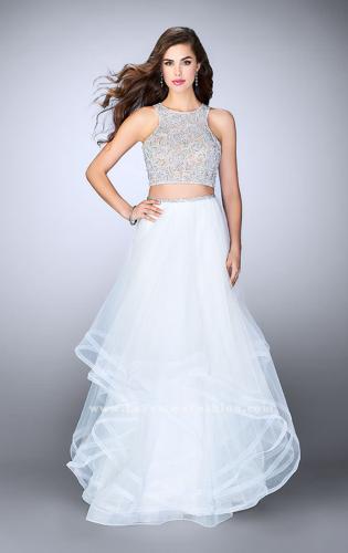 Picture of: Long Two Piece A-line Dress with Tiered Tulle Skirt in White, Style: 24268, Detail Picture 2