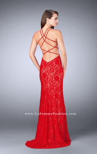 Picture of: Lace Prom Dress with Strappy Back and Side Slit in Red, Style: 24293, Back Picture