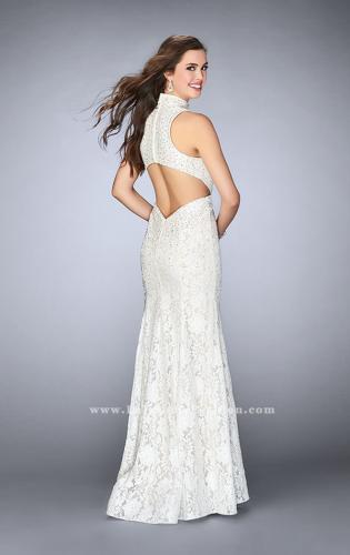 Picture of: Beaded Lace Dress with Side Cut Outs and Open Back in White, Style: 24294, Back Picture