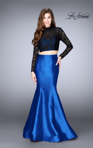 Picture of: Two Piece Mermaid Dress with Long Sleeve Lace Top in Blue, Style: 24302, Back Picture