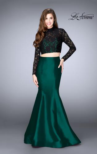 Picture of: Two Piece Mermaid Dress with Long Sleeve Lace Top in Green, Style: 24302, Back Picture