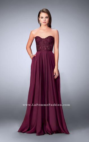 Picture of: Strapless A-line Prom Dress with Sheer Lace Bustier Top in Purple, Style: 24318, Main Picture
