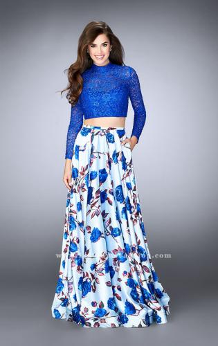 Picture of: Floral Two Piece Prom Dress with Long Sleeve Lace Top in Blue, Style: 24507, Main Picture