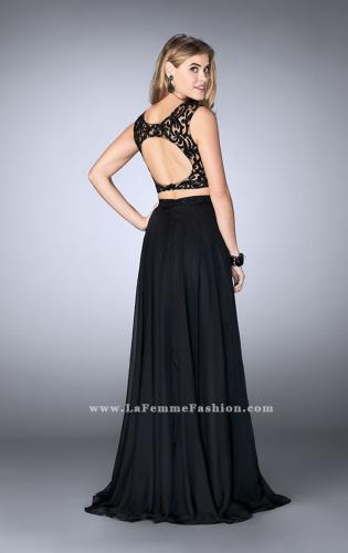 Picture of: Two Piece Chiffon Dress with Lace Top and Beaded Belt in Black, Style: 24564, Back Picture
