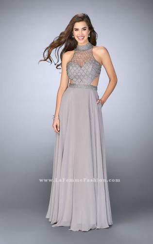 Picture of: Chiffon Gown with Beaded High Neck and Side Cut Outs in Silver, Style: 24649, Main Picture