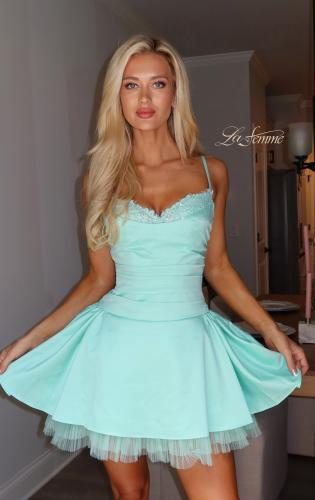 Picture of: Embellished Lace Trim Fit-and-Flare Mini Dress in Aqua, Style 34144, Main Picture
