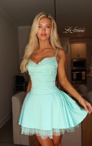 Picture of: Embellished Lace Trim Fit-and-Flare Mini Dress in Aqua, Style 34144, Detail Picture 2