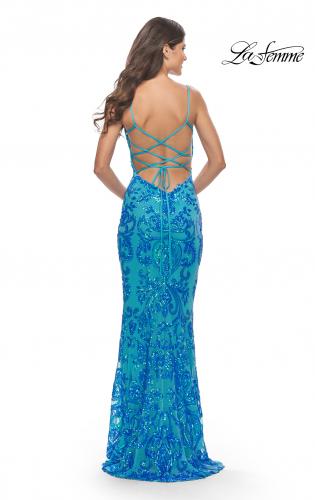 Picture of: Print Sequin Gown with Square Neckline in Aqua, Style: 31521, Detail Picture 8