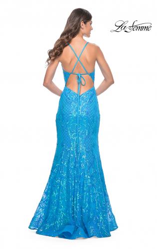 Picture of: Neon Mermaid Print Sequin Dress with Lace Up Open Back in Aqua, Style: 32337, Detail Picture 8