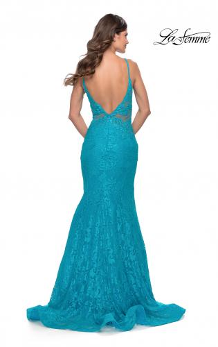 Picture of: Long Mermaid Lace Dress with Back Rhinestone Detail in Aqua, Style: 31512, Detail Picture 11