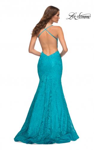 Picture of: Bright Mermaid Lace Gown with Sheer Bodice and Open Back in Blue, Style: 30612, Back Picture