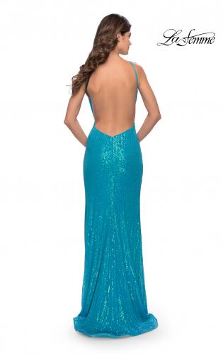 Picture of: High Neck Long Sequin Gown with Open Back in Aqua, Style: 30635, Back Picture